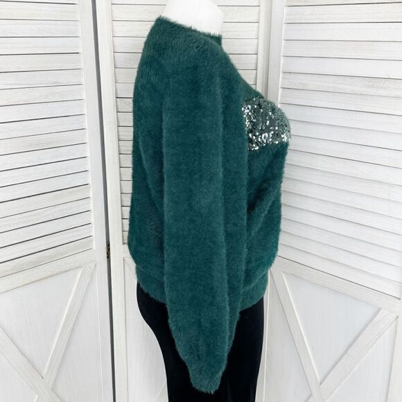 Nine West x Cara Santana Sweater Sequin Fuzzy Teal Green XXL Pullover - Picture 4 of 13